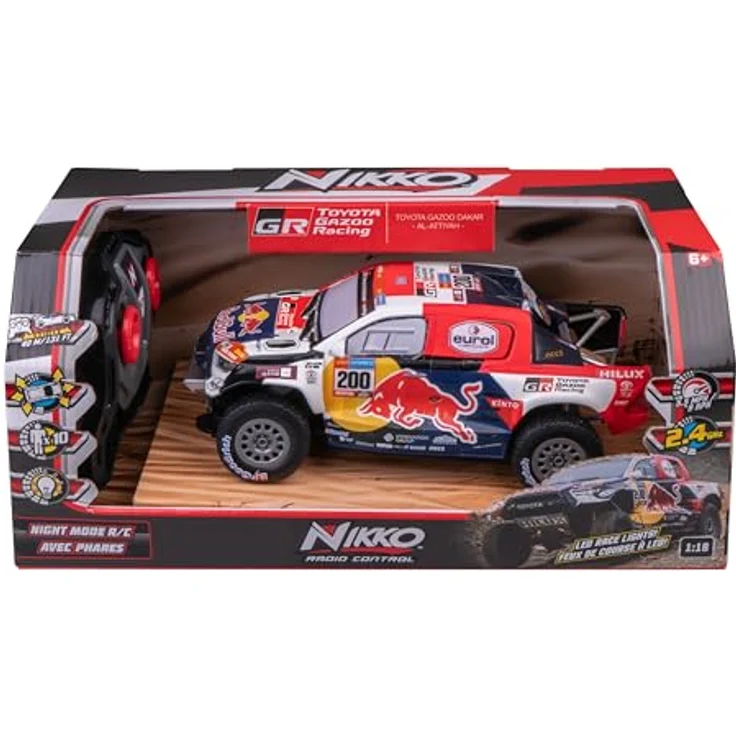 Nikko RC 10591 Night Mode Toyota Gazoo Dakar, Ferngesteuertes Rallye Auto, realistische Details, LED Scheinwerfer, 25 cm, 2,4 GHz Fernsteuerung, 40 m Reichweite, für Kinder ab 6 Jahren, Blau – Bild 2