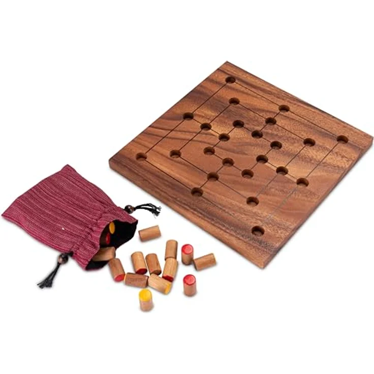 Logoplay Mühle Gr. XL für 2 Spieler, stabiles Spielbrett aus Samena-Holz 25 x 25 cm mit farbigen Spielsteinen und Stoffbeutel – Bild 5