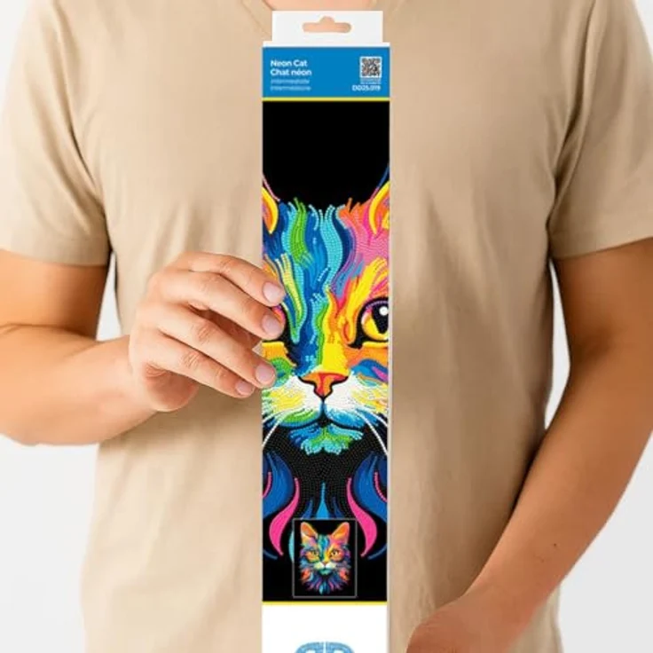 Diamond Dotz Kreativset Diamond Painting Neon Katze, hochwertige Strasssteine mit 13-Facettenschliff und Neonfarben auf schwarz beflocktem Hintergrund – Bild 8