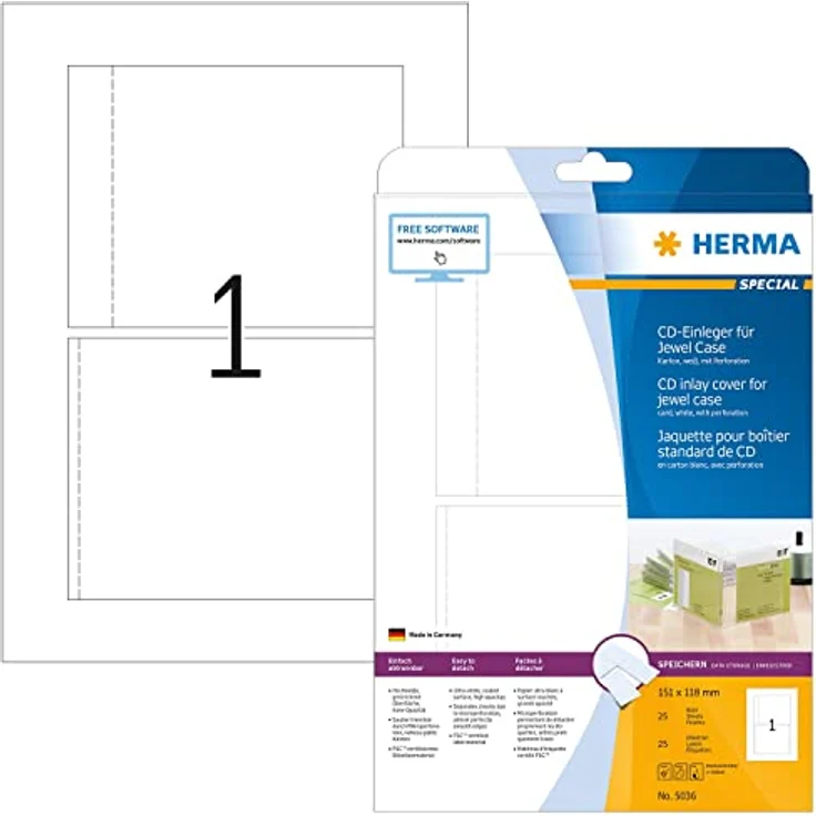 HERMA 5036 CD DVD Einleger für Jewel Case Hüllen DIN A4 (151 x 118 mm, 25 Blatt, Karton) perforiert, bedruckbar, nicht klebende Papier-Cover, 25 Inlays, weiß – Bild 1