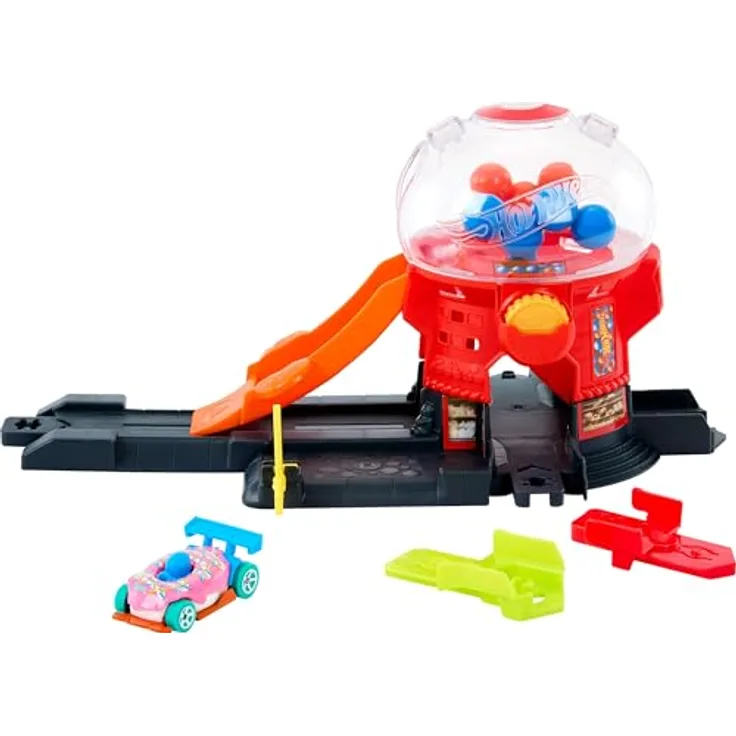 Hot Wheels Spielzeugauto Trackset, Kaugummiautomat-Spielset im Maßstab 1:64 mit Die-Cast-Auto in Donut-Form, Track-Schnellstecksystem und Süßigkeitenladen in der Stadt, JBM62
