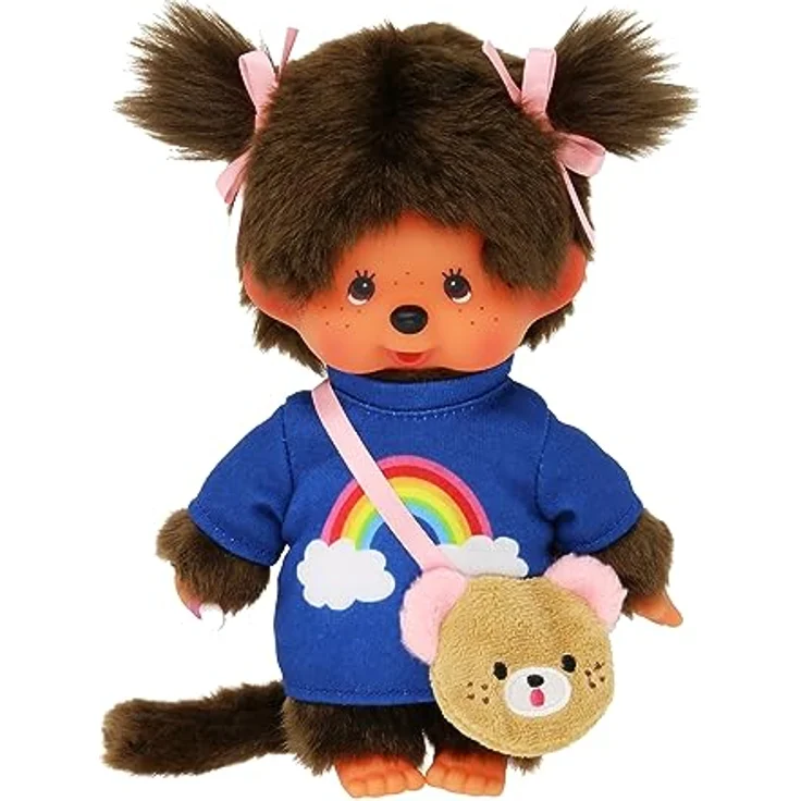 Monchhichi Plüschfigur Kawai Mädchen im Kleid mit Bärentasche 20 cm Monchhichi Puppe, braunes Fell, Kunststoffgesicht, empfohlen ab 24 Monaten – Bild 3