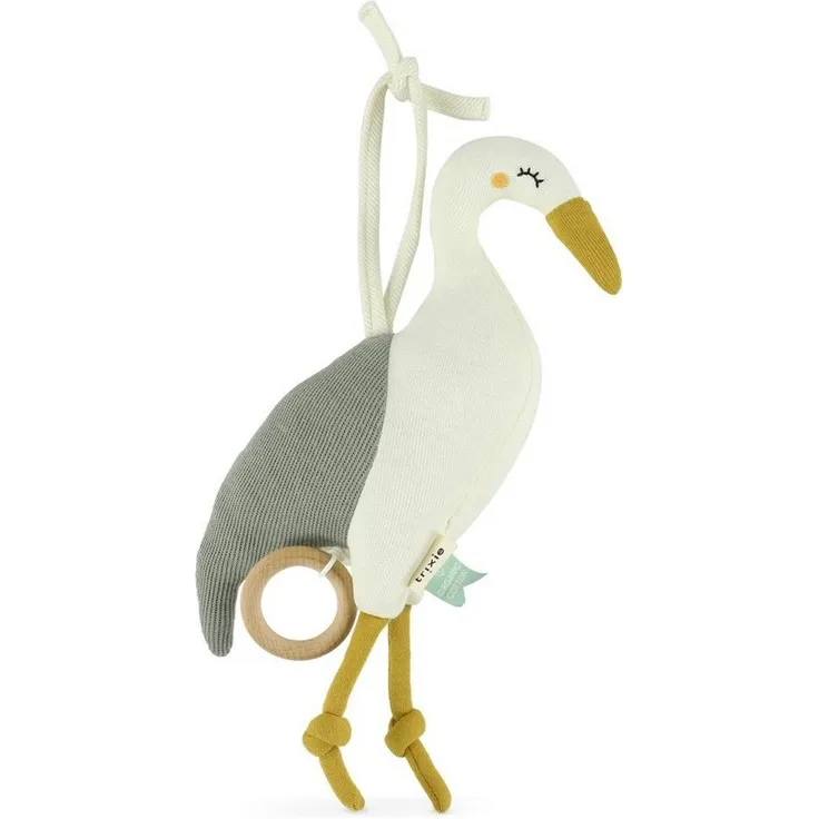 Trixie Baby Spieluhr Reiher aus Bio-Baumwolle, zum Befestigen am Babybett, Melodie beim Ziehen am Holzring, gestrickt, blau
