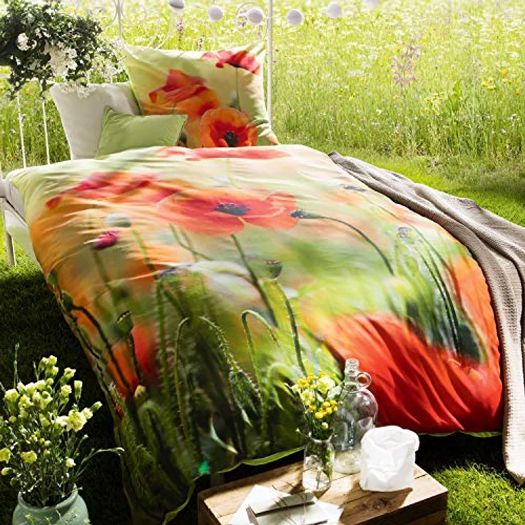 REDBEST Wendebettwäsche Renforcé Bettwäsche Mohnblume Blume Wiese, grün rot, Größe 135x200 cm (80x80 cm) - mit Reißverschluss, strapazierstark, atmungsaktiv, hochwertiger Digitaldruck – Bild 3