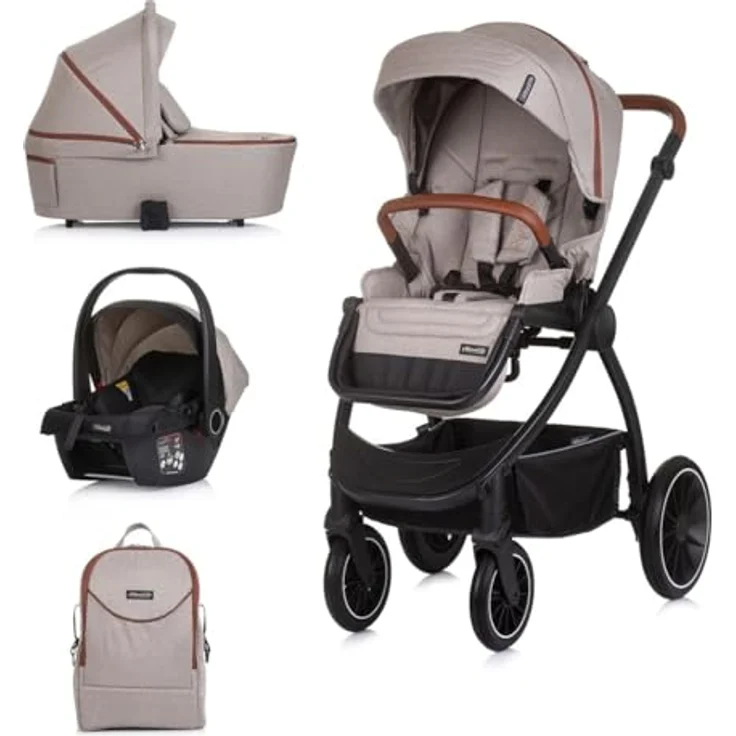 Chipolino Kombikinderwagen 3 in 1 Prestige Babywanne Rucksack i-Size Babyschale, beige – Bild 1