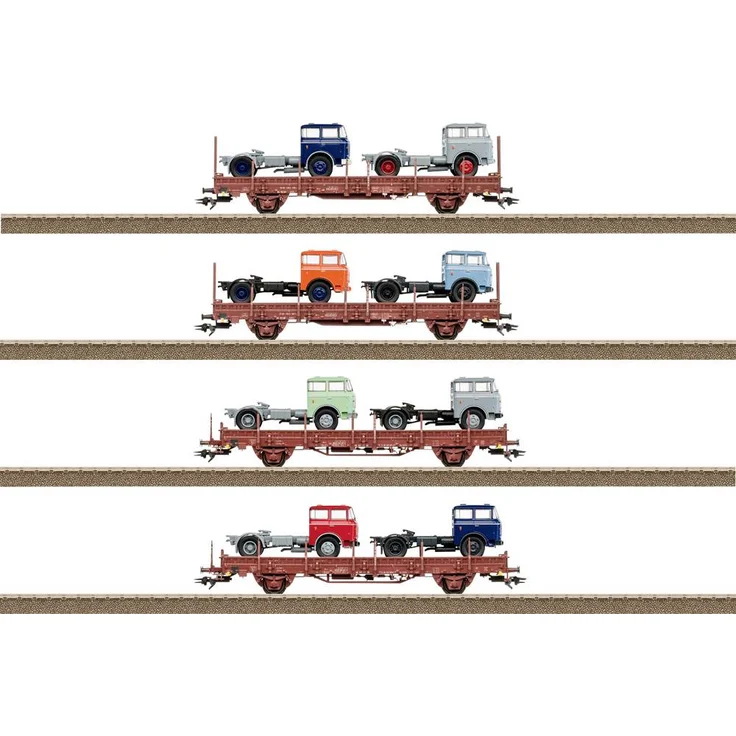 TRIX H0 T24190 Güterwagen DC, vier Drehrungenwagen Bauart Ks 3300/3301, rotbraun mit Holzbohlenoptik und separaten Bremsanlagen