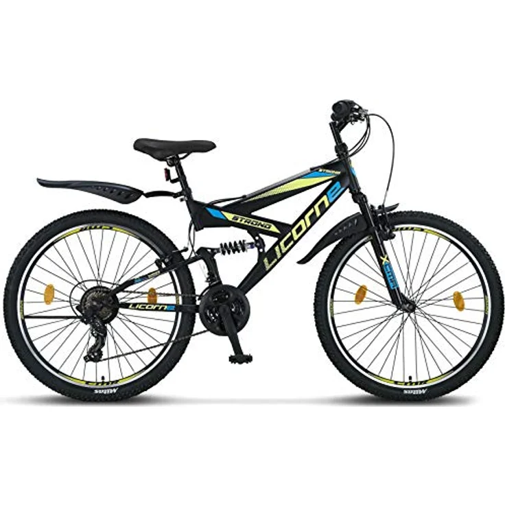 Licorne Bike Strong V Premium Mountainbike in 26 Zoll - Fahrrad für Jungen, Mädchen, Damen und Herren - Shimano 21 Gang-Schaltung - Vollfederung - Schwarz/Blau/Lime – Bild 3