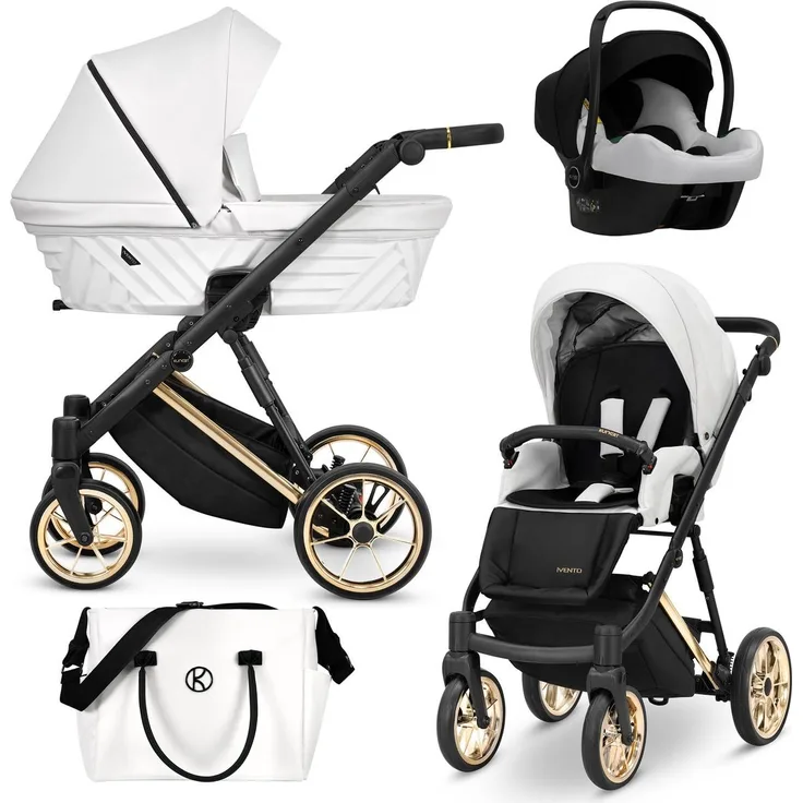 Kunert Ivento Premium 3in1 Kinderwagen, Weiß mit Goldrahmen, inklusive Zubehör und 360° drehbaren Vorderrädern