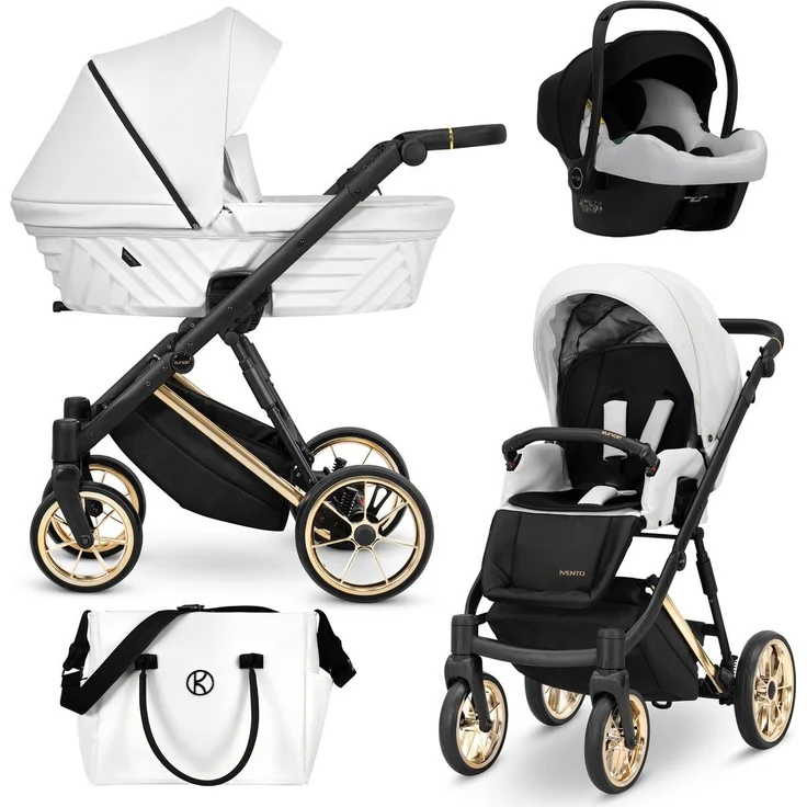 Kunert Ivento Premium 3in1 Kinderwagen, Weiß mit Goldrahmen, inklusive Zubehör und 360° drehbaren Vorderrädern