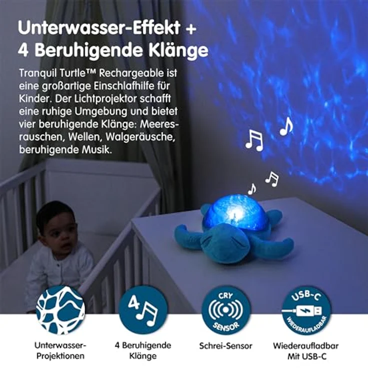 Cloud B Tranquil Turtle Nachtlicht mit Musik, wiederaufladbar, Aqua | Unterwasserprojektionen | 4 beruhigende Geräusche | Helligkeit einstellbar | Timer | Tränenmelder | recyceltes Gewebe – Bild 2