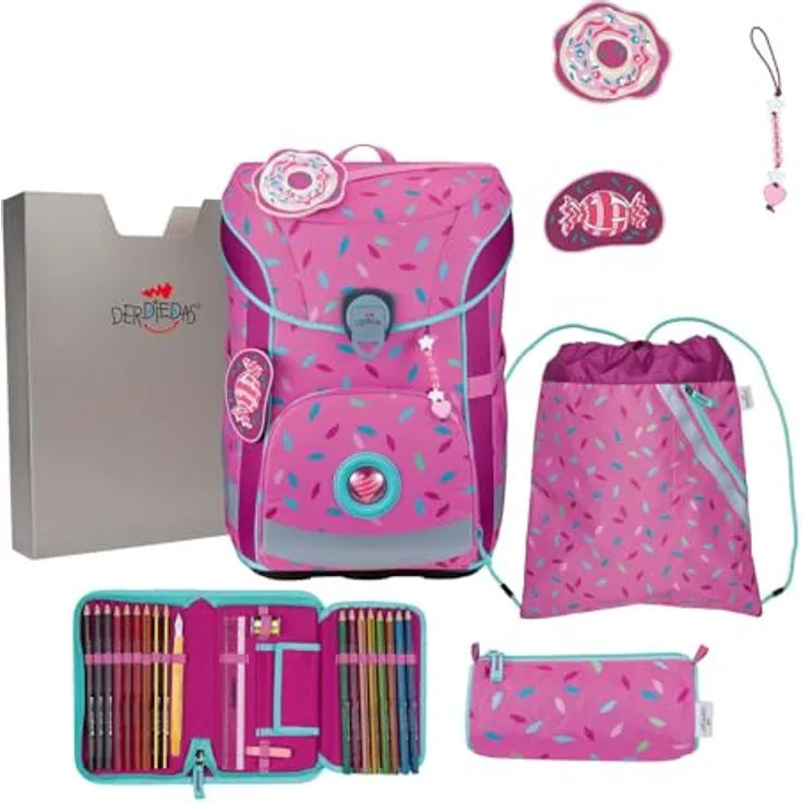 DerDieDas Schulranzen ErgoFlex Easy Set 6-teilig, pink, mit großem Hauptfach, gepolsterten Trägern und robustem Material