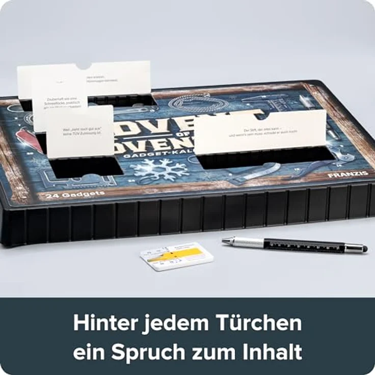FRANZIS Advent of Adventure, Gadget-Kalender für Ihn mit 24 Alltagshelfern, Knobelspielen, Multitools und Survival-Gadgets – Bild 5
