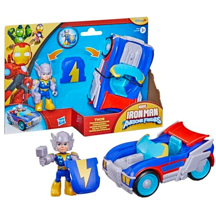 Hasbro Marvel Iron Man und Thor Donner Rennwagen Set, 3 Fahrzeuge mit posierbarem Thor und abnehmbarem 2-in-1 Zubehör – Bild 2