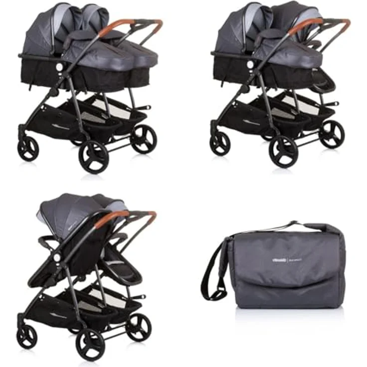 Chipolino Geschwisterwagen Geschwisterkinderwagen Duo Smart, klappbar, umbaubar, verstellbar, mit Fußsack, aluminium/schwarz – Bild 3