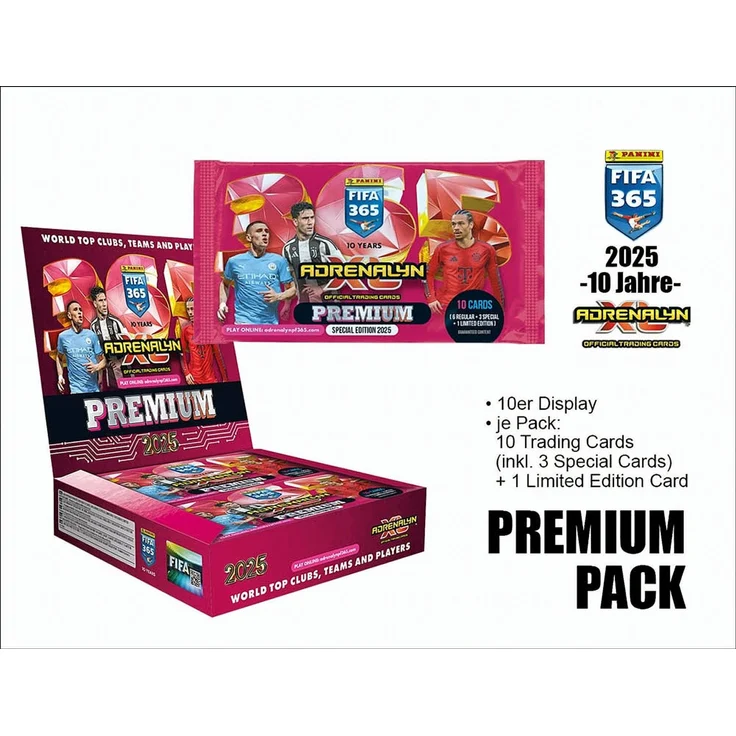 Panini 2025 FIFA 365 Adrenalyn XL TC Premium Booster Display, Box mit 10 Packs, inkl. 3 Special Cards & 1 Limited Edition Card, 441 Karten zu sammeln