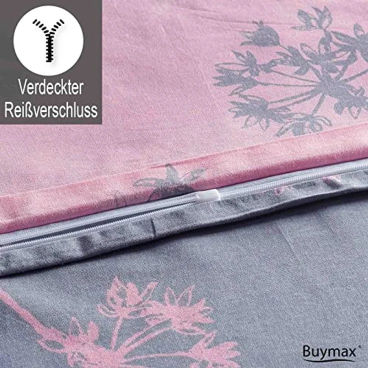 Buymax Bettwäsche 155x220 Baumwolle 2-Teilig Bettgarnitur mit Bettbezug und Kissenbezug 80x80 Renforce Bettwäsche-Set Wendbar Botanisch Blätter Zweige, Rosa Grau – Bild 4