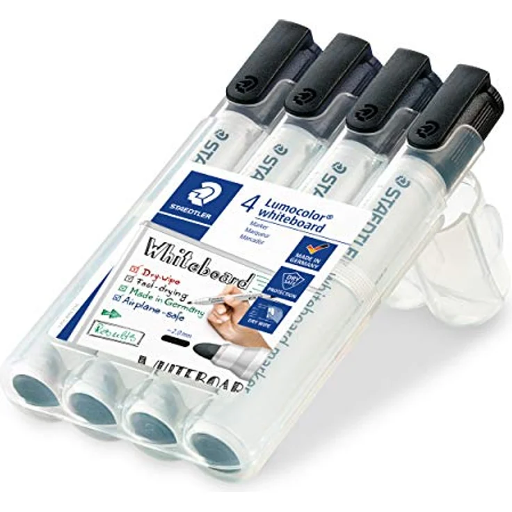 STAEDTLER Whiteboard Marker Lumocolor, Rundspitze ca. 2 mm Linienbreite, hohe Qualität, trocken und rückstandsfrei abwischbar von Whiteboards, Set mit 4 schwarzen Markern, 351 WP4-9X – Bild 2