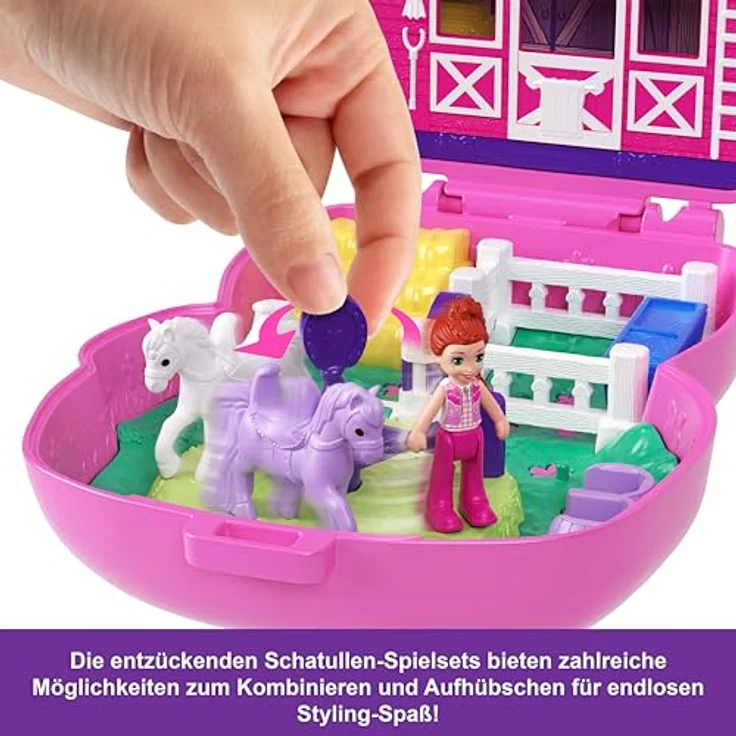 Polly Pocket Pony-Rodeo-Schatulle JCR39, Spielset mit 1 Puppe, 2 Pferdchen und 10 Zubehörteilen für Mode und Essen, tragbares Spielzeug für unterwegs – Bild 5