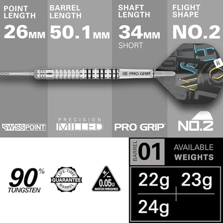 Target Darts Chris Dobey G1, Dart Set mit 90% Wolfram Barrels, Swiss Point System und Pro Grip Shafts, 22G – Bild 3