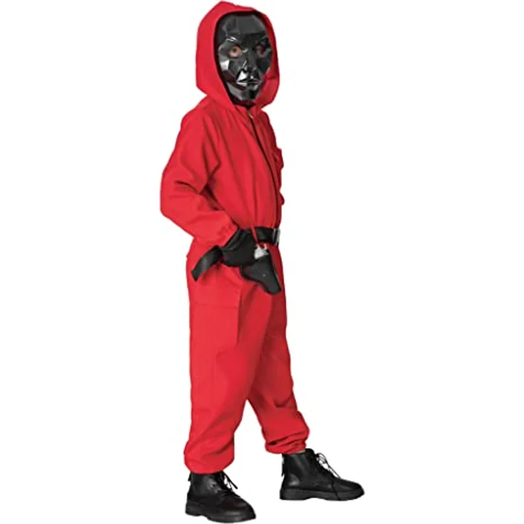 Maskworld Korean Game Aufseher Kostüm für Kinder, roter Overall ohne Maske mit Reißverschluss und funktionalen Taschen, Karneval Halloween Verkleidung – Bild 5
