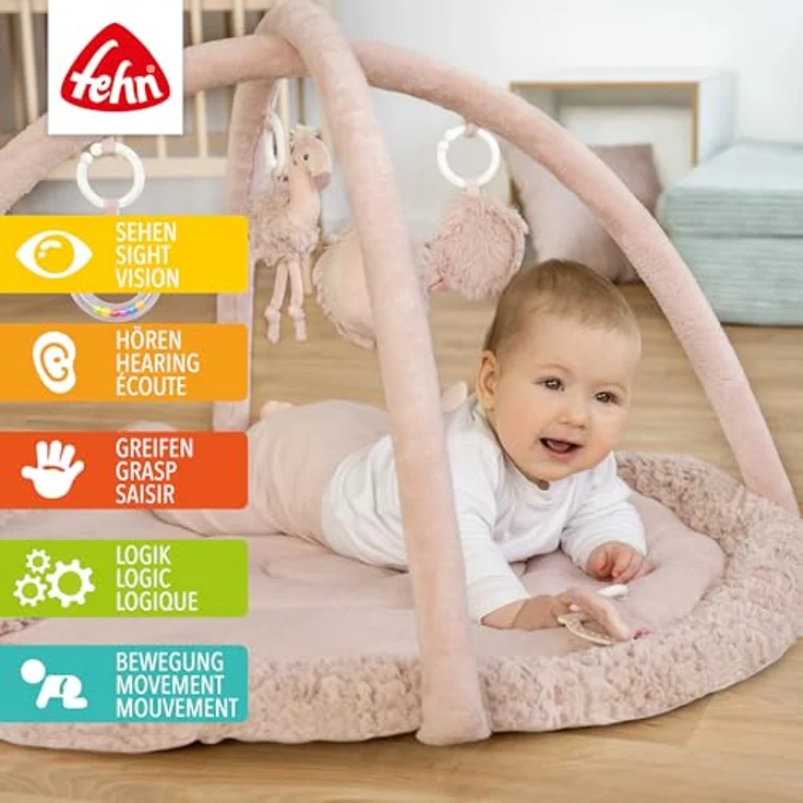 Fehn Spielbogen Flamingo, 3-D-Activity-Decke mit 5 abnehmbaren Spielzeugen zur Förderung von Tastsinn und Motorik, pink – Bild 3