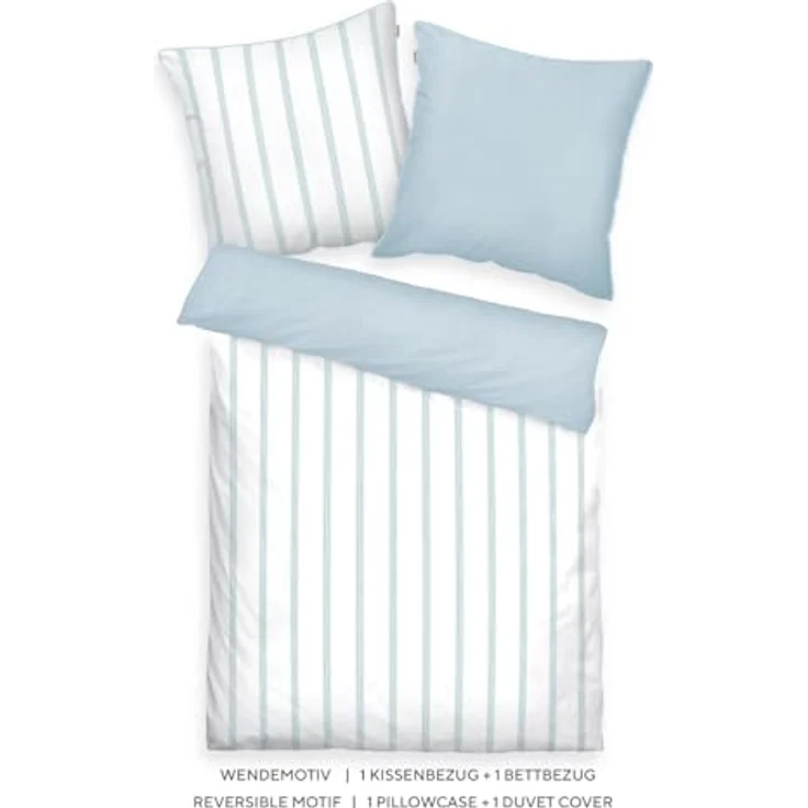 TOM TAILOR Satin-Bettwäsche CLASSIC SATIN STRIPES Weiß/Hellblau, Wendemotiv, Paspel am Kissen, 100% Baumwolle/Satin – Bild 2