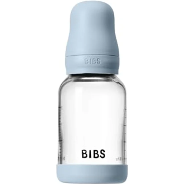 BIBS Baby Glasflasche 120ml, runder Sauger aus Naturkautschuklatex, vermindert Koliken, unterstützt das Stillen, Baby Blue – Bild 2