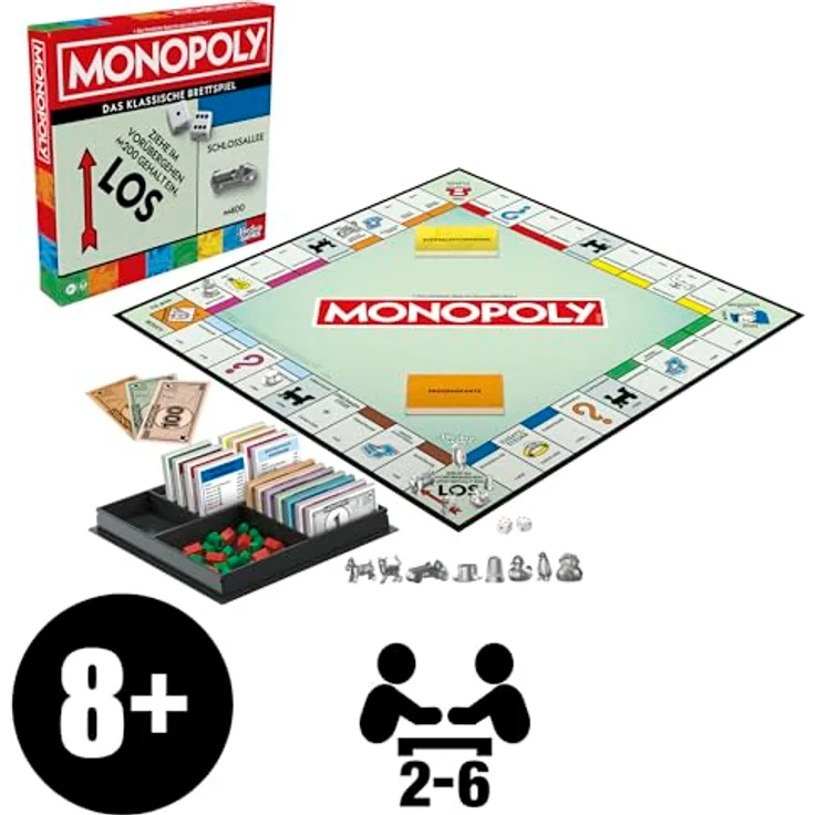Monopoly Basisspiel mit Aufbewahrungsfach und größeren Spielfiguren - Deutsche Fassung, Brettspiel mit 8 Metallfiguren, inkl. Hund, Katze und Rennwagen – Bild 2