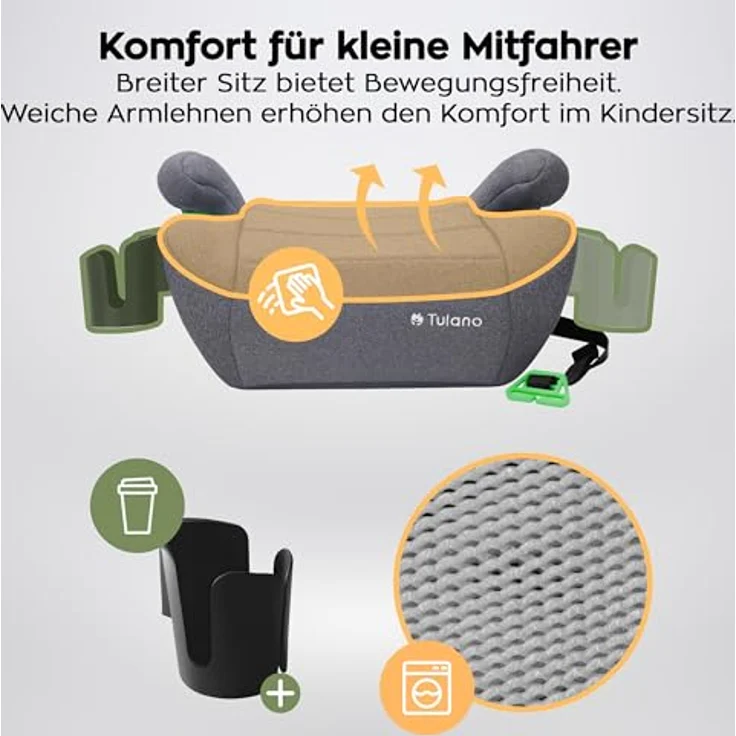 Tulano Cabby 25, Kindersitz, ECE R129/i-Size Norm, grau, universeller Einbau, abnehmbare und waschbare Polsterung, ergonomische Armlehnen – Bild 5