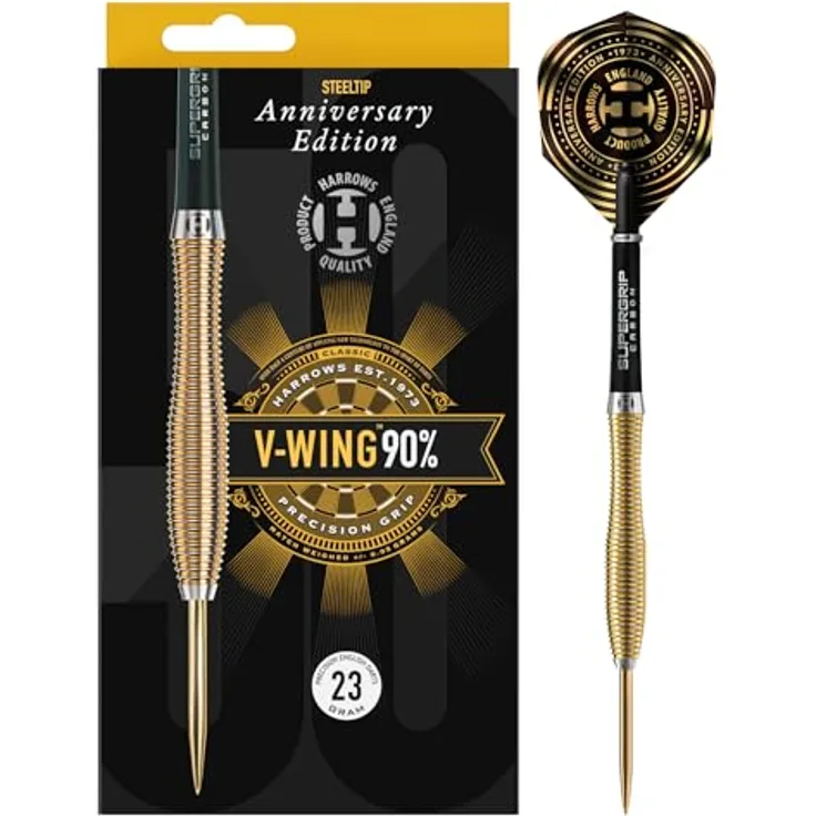 Harrows V-Wing 90% Tungsten Steel Tip Darts Set, 21g mit gebogenem 'V-Wing' Barrel, Midi Supergrip Carbon Schäfte & Anniversary 100 Mikron Flights