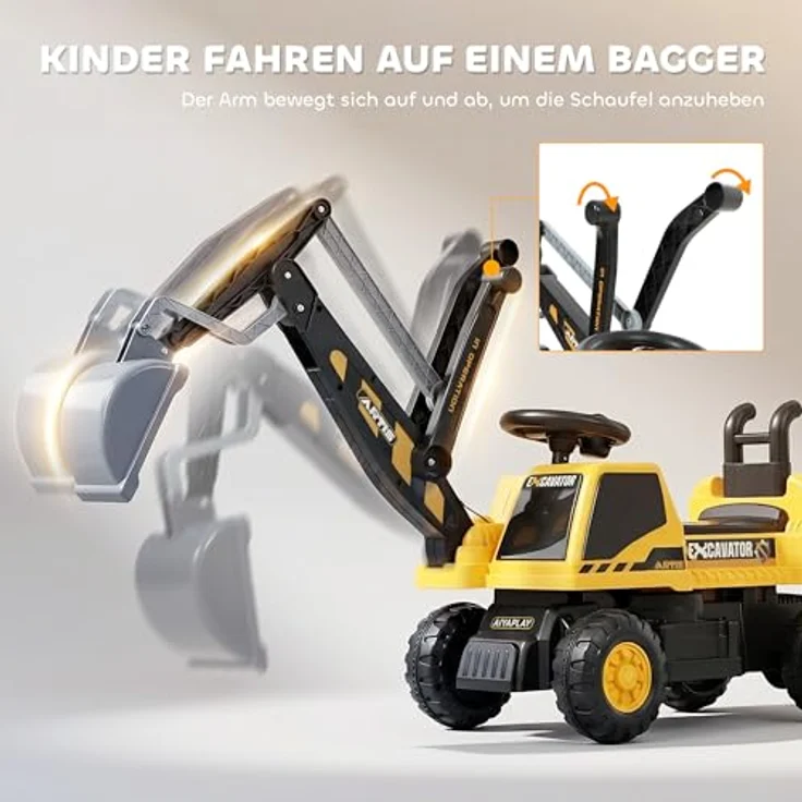 AIYAPLAY Sitzbagger Aufsitzbagger mit manuell bedienbarem Arm und Schaufel, drehbarer Aufbau, verstellbare Rückenlehne, bis 25 kg, Gelb, für Kinder 1,5-3 Jahre – Bild 3