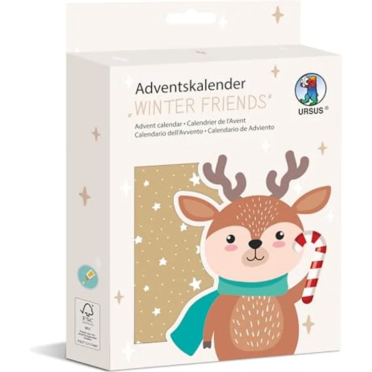 Ursus Adventskalender „Winter Friends“, DIY Set mit 24 Kraftpapier Tüten, Stickern und Holzklammern, FSC-zertifiziert