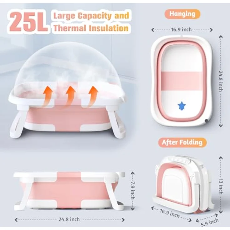 RABB 1ST Faltbare Babybadewanne, tragbare Babywanne mit rutschfester Matte und Abflussloch, Rosa, für Neugeborene und Kleinkinder – Bild 5