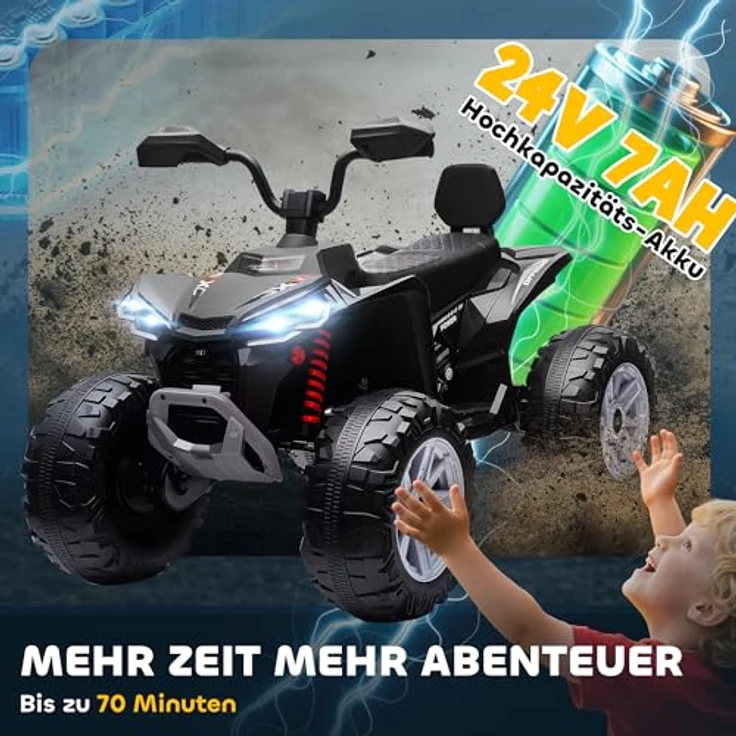 AIYAPLAY 24V Elektro Quad für Kinder, Zweisitzer mit Vorwärts- und Rückwärtsfunktion, 4 gefederte Räder, Scheinwerfer, USB- & MP3-Anschluss, 4-6,5 km/h, Schwarz – Bild 5