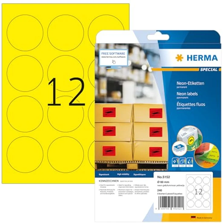 HERMA 5152 Neon-Etiketten rund in gelb, selbstklebend, bedruckbar, matt, blanko Papier - 240 Stück – Bild 1