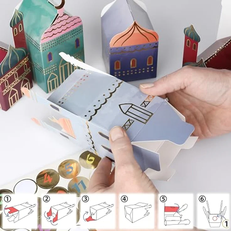 CraftWerk Ramadan Kalender Boxen - 30 Bunte Häuser mit Aufklebern zum Aufstellen und Dekorieren - Wiederverwendbare Eid Mubarak Geschenkboxen Tüten zum Befüllen – Bild 4