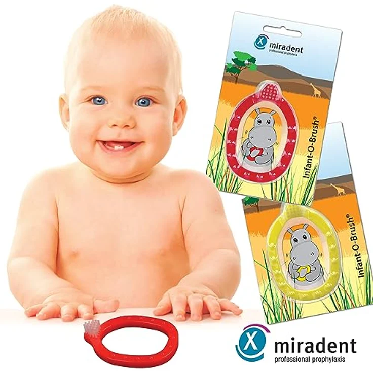 miradent Infant-O-Brush Lernzahnbürste gelb, super weiches Borstenfeld, Beißring mit Noppen, ab 3 Monaten, verschlucksicher – Bild 2