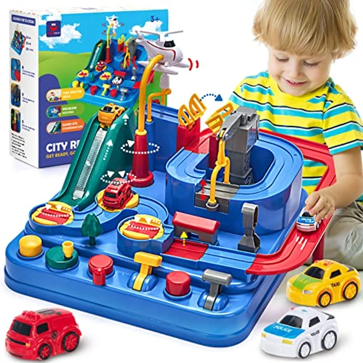 hahaland Autorennbahn Abenteuer Set, Spielzeugauto für Kinder ab 2 Jahre, 3 Mini-Fahrzeuge (Polizei, Krankenwagen, Feuerwehr), fördert Motorik und Problemlösungsfähigkeiten – Bild 1