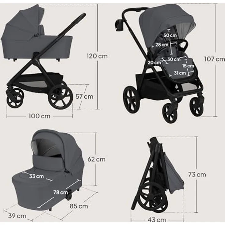 Lionelo Carmine 3in1 Kombikinderwagen mit i-Size Autositz, Babywanne & Buggy, GravelTech Räder, Federung, UPF50+, Grau – Bild 15