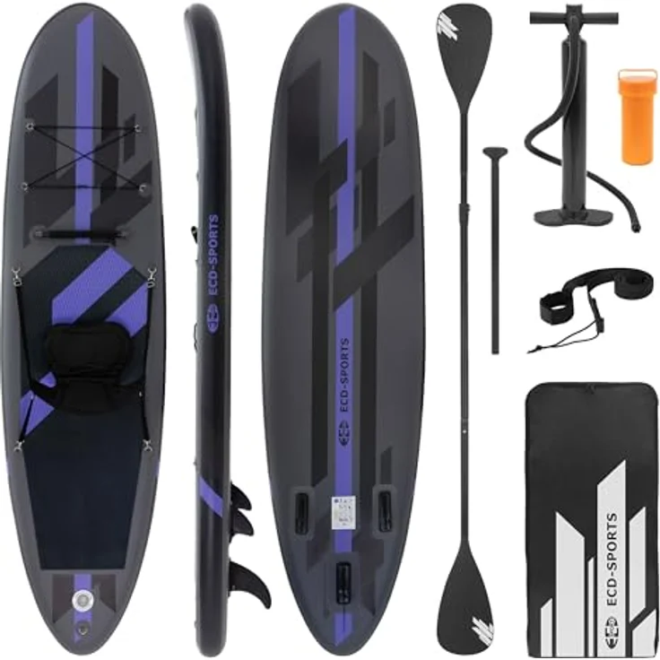 ECD Germany Aufblasbares Stand Up Paddle Board mit Kajak Sitz, 320x82x15 cm, Schwarz, PVC bis 120kg, inkl. Pumpe, Tragetasche und Zubehör – Bild 1