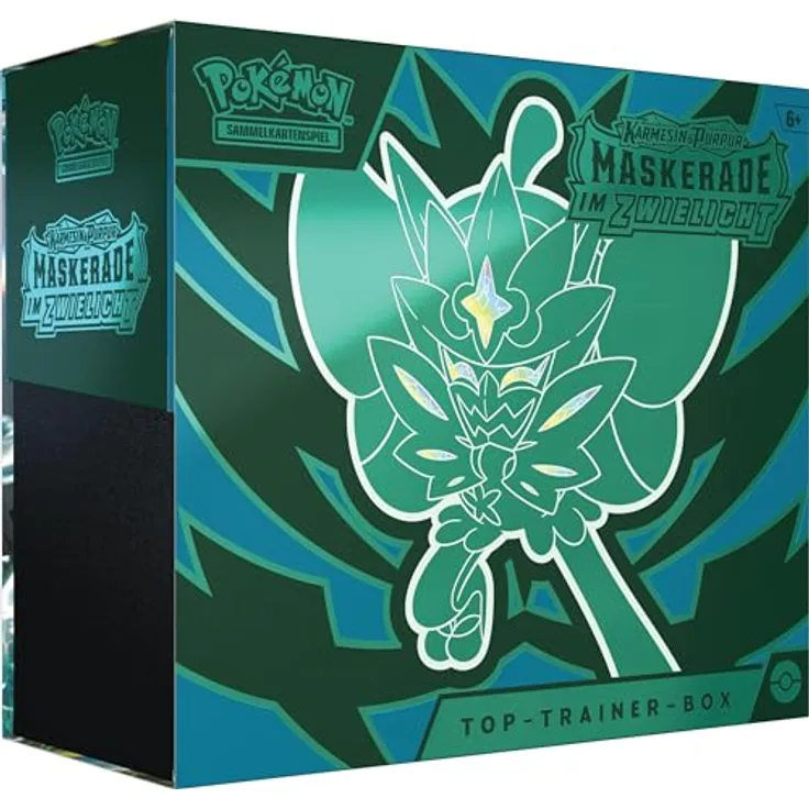 Pokémon-Sammelkartenspiel: Top-Trainer-Box Karmesin & Purpur – Maskerade im Zwielicht (1 Vollbild-Promokarte mit Türkisgrüne-Maske-Ogerpon, 9 Boosterpacks & Premium-Zubehör)