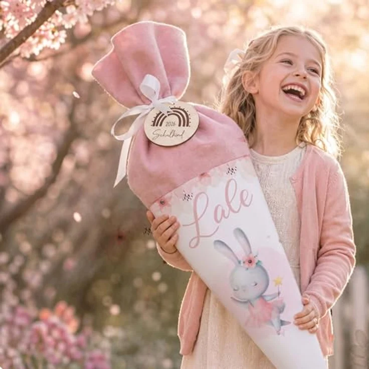 Kidsmood personalisierte Schultüte, inkl. Rohling, Filz-Stoff & Holzschild, Zuckertüte für Einschulung 2026 - Ballett Hase (Rosa) – Bild 3