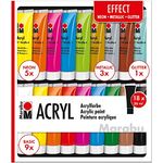 Marabu Acrylfarben Set Effect, 18 x 36 ml, 9 Basic, 5 Neon, 3 Metallic, 1 Glitter, wasserbasiert, schnell trocknend, wasserfest, für viele Untergründe geeignet