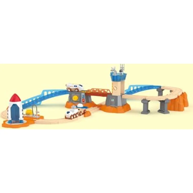 Hape Mars Launch Rail Set, Holzeisenbahn mit Raumschiff und Bahnhof für kreativen Spielspaß
