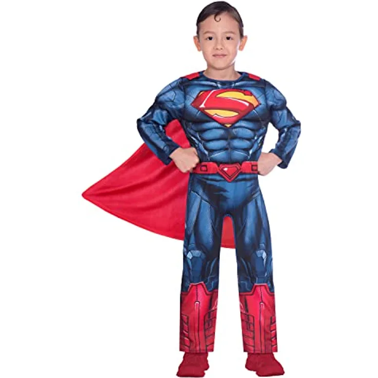 amscan Classic Child Kids Warner Bros Superman Fancy Dress Costume (8-10 Years) - Offiziell lizenziertes DC Comics Kostüm, Gepolsterter Overall mit Muskel, Abnehmbarer Umhang, Ideal für Superhelden-Motto-Partys, blau