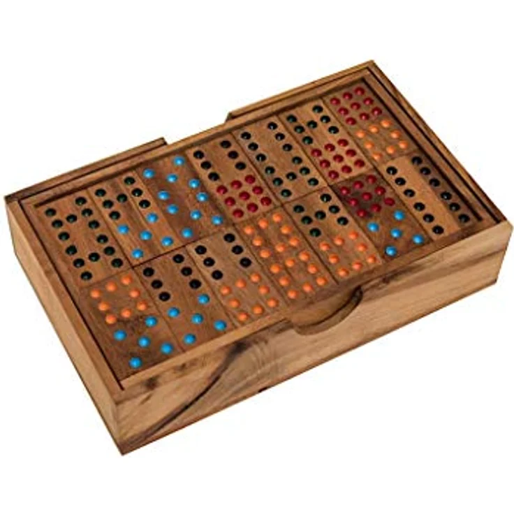 ROMBOL Domino, Doppel 9, Dominospiel aus Samena-Holz für 2 bis 6 Personen, mit farbig ausgelegten Farbpunkten, 56 Steine, Familien- und Gesellschaftsspiel – Bild 3
