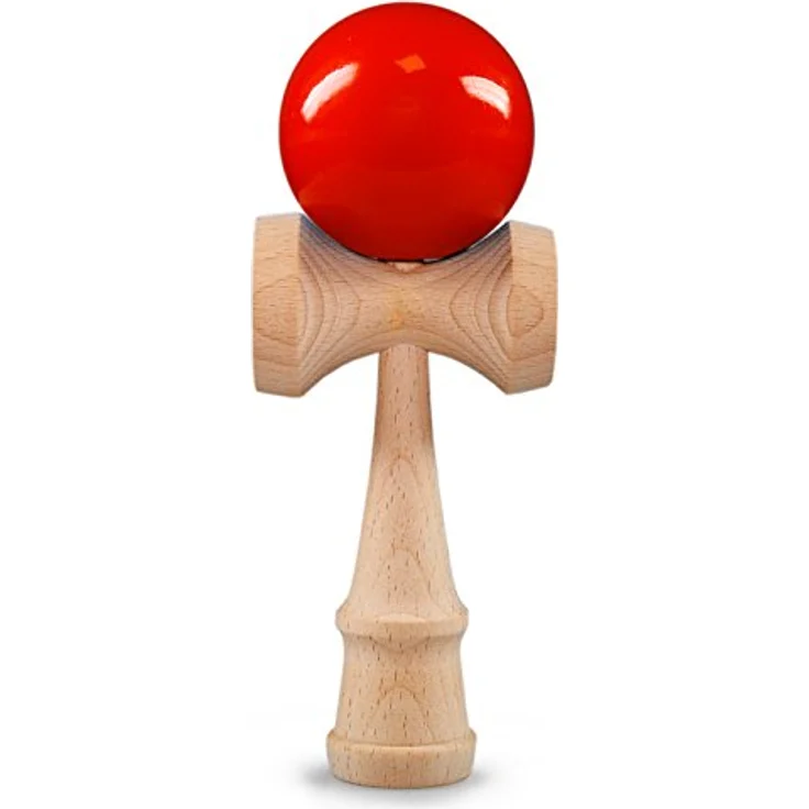 Ganzoo Kendama Buchenholz, traditionelles Geschicklichkeitsspiel mit Holzball, reißfestem Nylonseil und 3 Fangtellern, rot/Holz – Bild 1