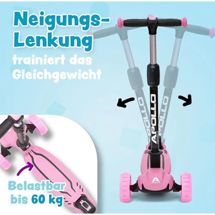 Apollo Kinderscooter KidsPro4 LED Roller - Pink, höhenverstellbar, mit leuchtenden LED-Rollen, für Kinder ab 3 Jahre, belastbar bis 60 kg – Bild 3