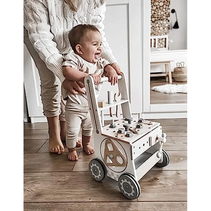 Mamabrum Lauflernwagen aus Holz mit Gummibereifung, Lauflernhilfe-Laufwagen für Kinder, Baby Walker, Babyspielzeug, Holzspielzeug, Sortierer, Werkzeugbank für Kinder aus Holz - Preisvergleich – Bild 2