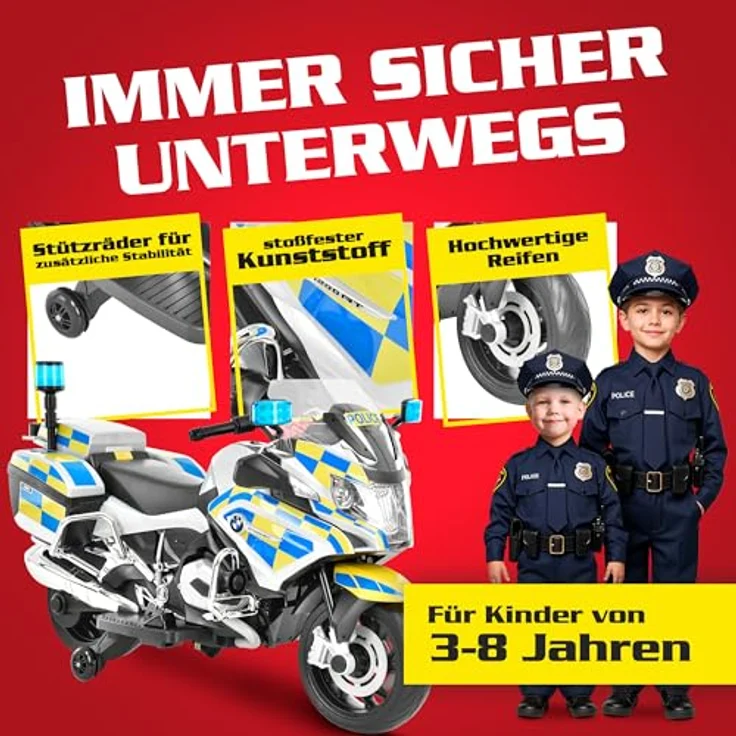 HECHT Kinder Motorrad | BMW R1200RT Polizei | bis 6km/h | 35W | mit Stützräder | Koffer | Radio | Blaulicht | Sirene | 12V Akku, 7 Ah – Bild 3